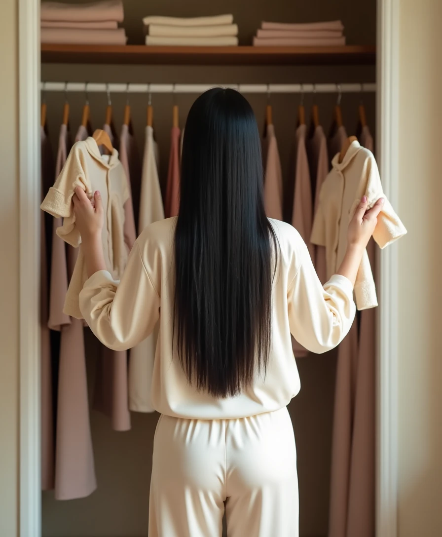 Thoughtful woman looking at her open closet